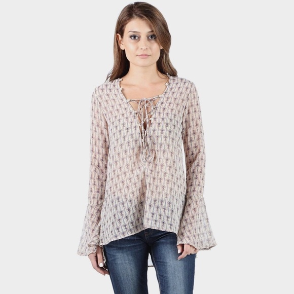 Lace Up Tie Front Bell Sleeve Sheer Print Blouse - Picture 3 of 4